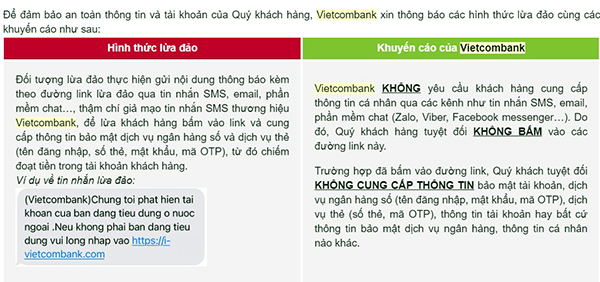 Khuyến cáo bằng email của Vietcombank về các hình thức lừa đảo, đánh cắp thông tin dịch vụ ngân hàng thông qua đường link lừa đảo qua tin nhắn SMS, email, phần mềm chat..., thậm chí giả mạo tin nhắn SMS thương hiệu Vietcombank Ảnh chụp màn hình: Lam Phương