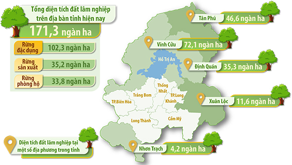 Đồ họa thể hiện diện tích đất lâm nghiệp và phân bố rừng tại một số địa phương trong tỉnh. Nguồn: Báo cáo hiện trạng môi trường Đồng Nai năm 2020 của UBND tỉnh. (Thông tin: Hoàng Lộc - Đồ họa: Hải Quân)